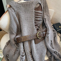 American-style Retro Hollow-out Long-sleeve Sweater With Belt