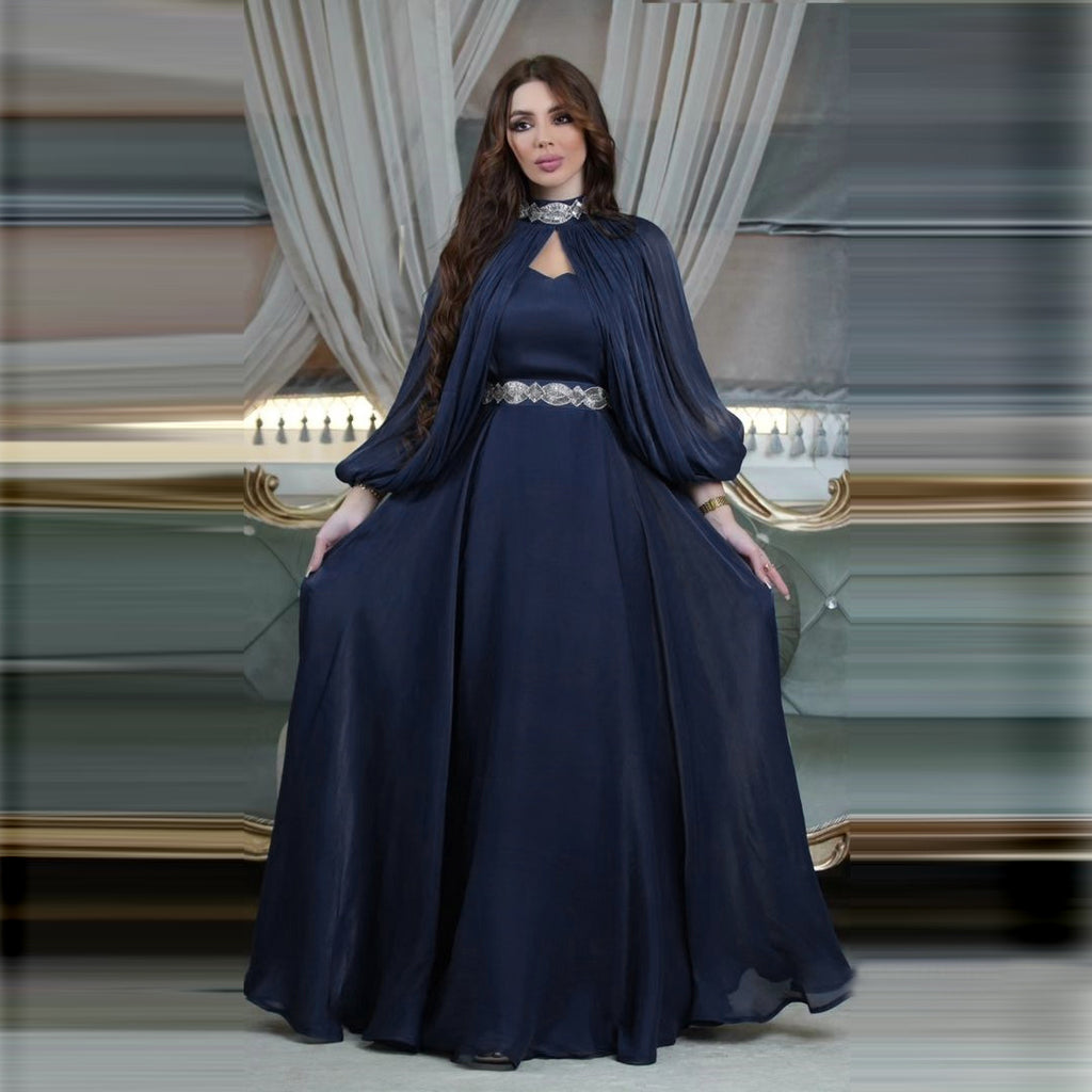 Women's Two-piece Hot Drilling Bright Silk Fashion Satin Robe Abaya