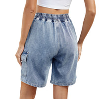 Washed Tied Elastic Waist Five-point Denim Shorts