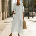 Womens Simple, Loose, Comfortable, Fashionable Cotton-Linen Two-Piece Dress Set