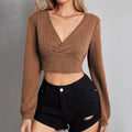 Women's V-neck Slim-fit Top Cable Fabric Long-sleeve T-shirt