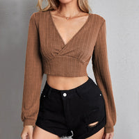 Women's V-neck Slim-fit Top Cable Fabric Long-sleeve T-shirt