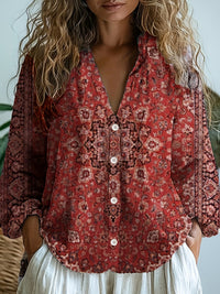 Ethnic-style Geometric-print Long-sleeve Womens Shirt