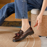 Tassel Retro Girls Artistic College Chunky Heel Loafers Leather Shoes