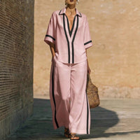 Color Block Short Sleeve Top And Wide Leg Pants Two Piece Set - Casual Summer Loose Fit Matching Outfit For Women Daily Wear