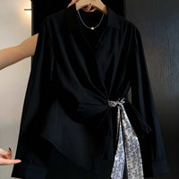 Womens Autumn Long-Sleeve Shirt With A Diagonal-Placket Silk Scarf Tie