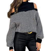 Women's Mid-collar Striped Off-the-shoulder Knitted Sweater