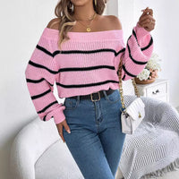 Striped Off-the-shoulder Lantern Sleeve Pullover