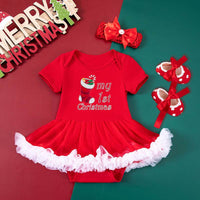 Baby Girl Christmas Party Holiday Clothes Cartoon Old Man Tree Baby's Gown Shoes Hair Accessories 3-piece Set