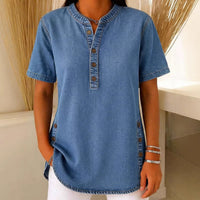 V-neck Casual Womens Faux Denim Short-sleeve Top