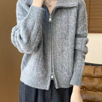 Womens Twist-Open Cardigan With Double Zippers And Lapel Collar