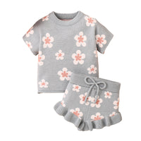 Children's Flower Embroidery Ruffled Short Sleeves Shorts Suit