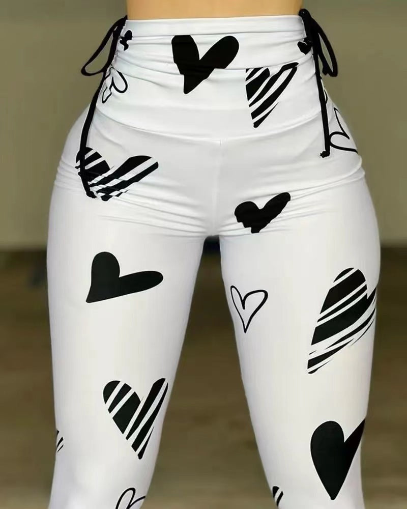 Drawstring Heart Print Yoga Sports Hip-hop Fitness Leggings