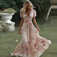 Womens 3D-printed Plant And Floral Retro Elegant V-neck Maxi Dress