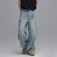Washed Multi-Pocket Workwear Denim Jeans Mens Casual Wide-Leg Pants
