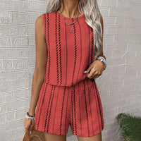 Womens Casual Striped Sleeveless Fashion Top And Shorts Two-Piece Set