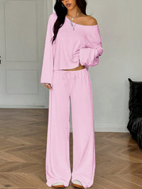 Womens Solid-Color Casual Off-the-Shoulder Long-Sleeve Pants