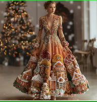 Womens V-Neck Creatively Printed Mid-Length Fairy-Like Dress