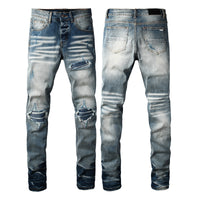 Mens Slim-Fit Denim Jeans With Ripped Patches