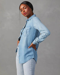 European And American Leisure Lapel Single Breasted Women's Long Sleeve Denim Shirt