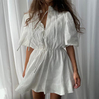 Stand-collar Sweet Lace-up Pleated Waist-cinched A-line Dress