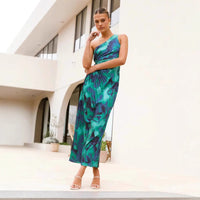Sexy Oblique Shoulder Sleeveless One-shoulder Printed Pleated Dress