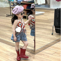 Girls' Hollow Knitted Short Tassel Camisole National Style Top Thin Cake Shorts Two-piece Set
