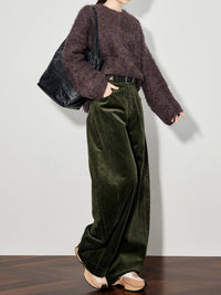 Womens Green Corduroy Casual Pants Wide-leg Style
