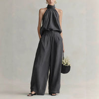 Womens Elegant Round-Neck Sleeveless Top And Pants Suit