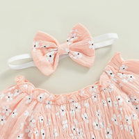 New Floral Jumpsuit Off-shoulder Kids' Rompers Headscarf Two-piece Pink Camel