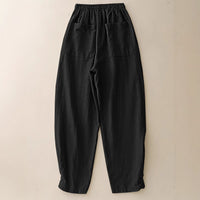 Navy Blue Cotton-Linen Ankle-Cinched Bloomer Pants For Women