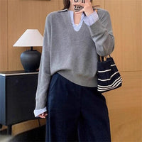 Temperament Pure Color Striped Stitching Korean Loose Casual Sweater