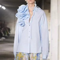 Design Sense Stitching Ruffle Three-dimensional Flower Casual Shirt