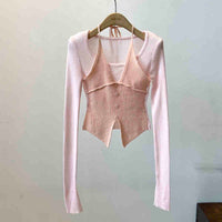 Halter False Two-piece Patchwork Long Sleeve Knitwear T-shirt Top
