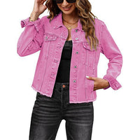 Female Solid Color Casual Embossed Denim Jacket Button Top