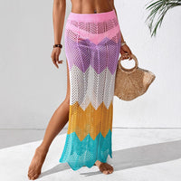 Womens Color-Block Patchwork Wave-Print Sexy Slit Midi Skirt