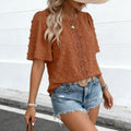Women's Round-Neck Hollow-Out Lace Short-Sleeve Shirt