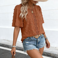 Women's Round-Neck Hollow-Out Lace Short-Sleeve Shirt