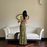 Chinese-style Green Mesh Floral Slip Dress For Women