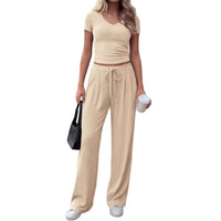 Solid-color Casual Chic V-neck Short-sleeve Top And Wide-leg Pants Set