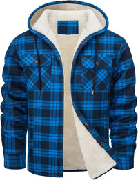 Men's Long Sleeve Hooded Fleece-lined Plaid Printed Coat