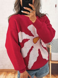 Casual Loose Knitted Round Neck Large Flower Jacquard Contrast Color Sweater