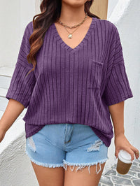 Fashionable Casual Womens Solid-Color V-Neck Top With Pockets And Three-Quarter Sleeves