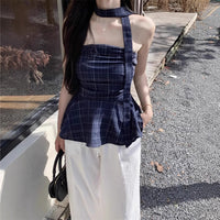 Retro Color-contrast Check Tube Top Women's Short Top