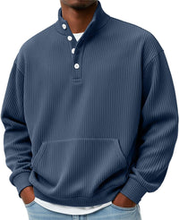 Mens Solid-Color Turtleneck Casual Long-Sleeve Polo Sweatshirt With Pockets For Men Spring Autumn Clothing Loose Button Polo Collar Tees Tops Man Outwear