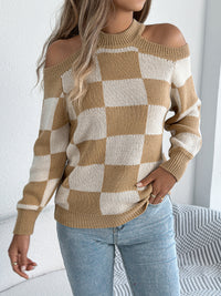 Off-the-shoulder Contrast Color Plaid Lantern Long Sleeve Sweater