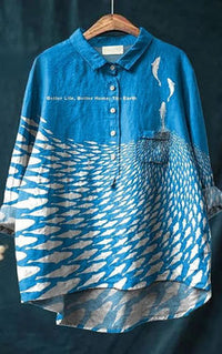 Women's Retro Fish Art Print Lapel Long Sleeve Shirt