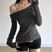 Oblique Shoulder Stripes Lightweight Slim-fit Long Sleeve Casual Top