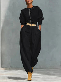 Womens Simple-style Loose Top And Harem Wide-leg Pants Two-piece Set With Belt