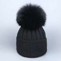 Fox Fur Warm Winter Hat With Ball For Women Child Girl Wool Thick Knitted